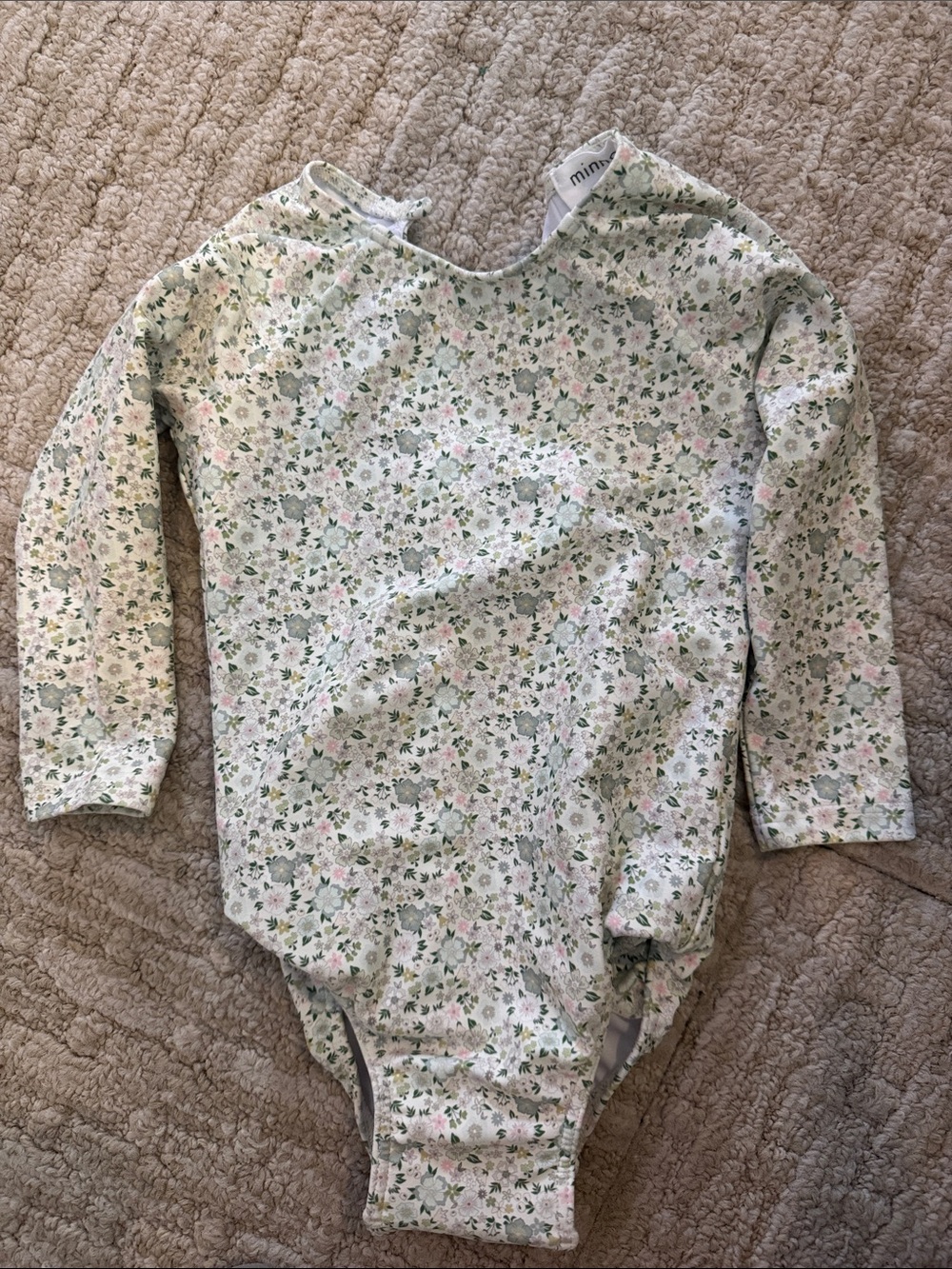 Mini floral long-sleeve girls' swim one-piece - white & green
